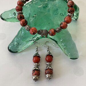 Red Jasper Gemstone Elephant Bracelet and Pierced Earring Set